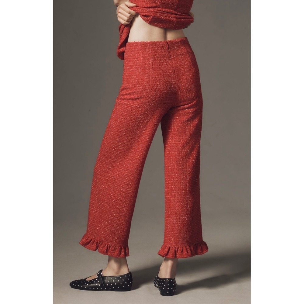 Maeve Anthropologie Red Boucle Tweed Ruffle Hem Wide Leg Pants Crystal Button - Picture 11 of 12